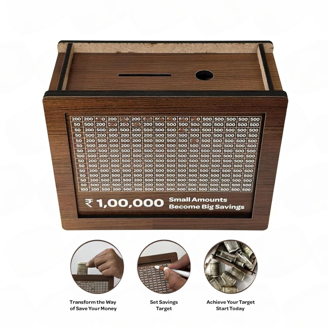 Wooden Piggy Bank For 1 Lakh Saving (With Marker)