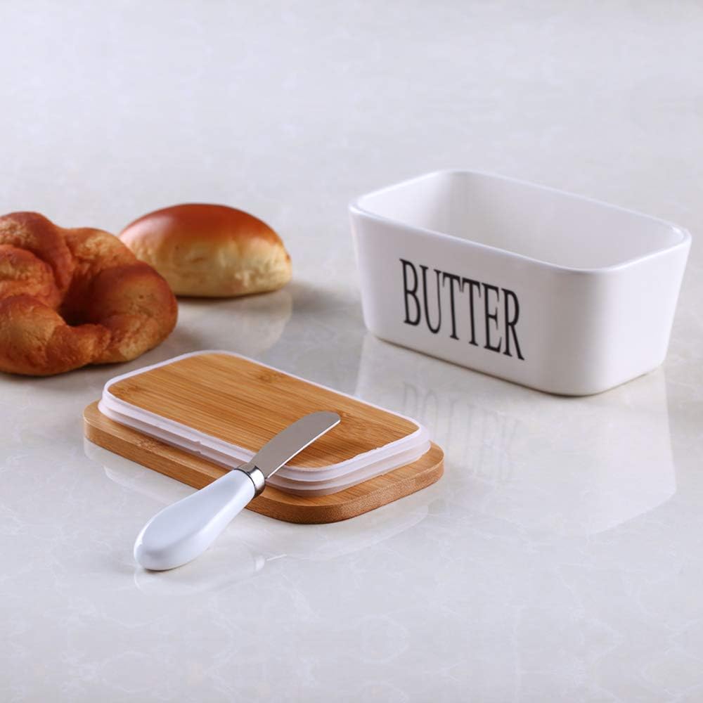 Ceramic Butter Container With Knife & Bamboo Wood lid - Large Size