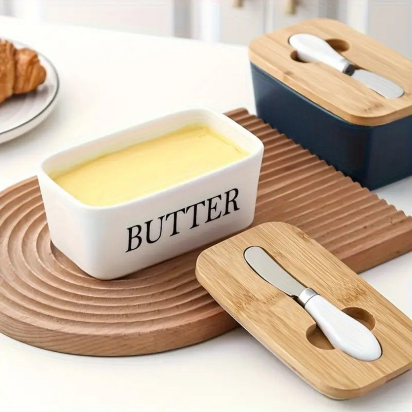 Ceramic Butter Container With Knife & Bamboo Wood lid - Large Size