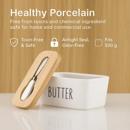 Ceramic Butter Container With Knife & Bamboo Wood lid - Large Size